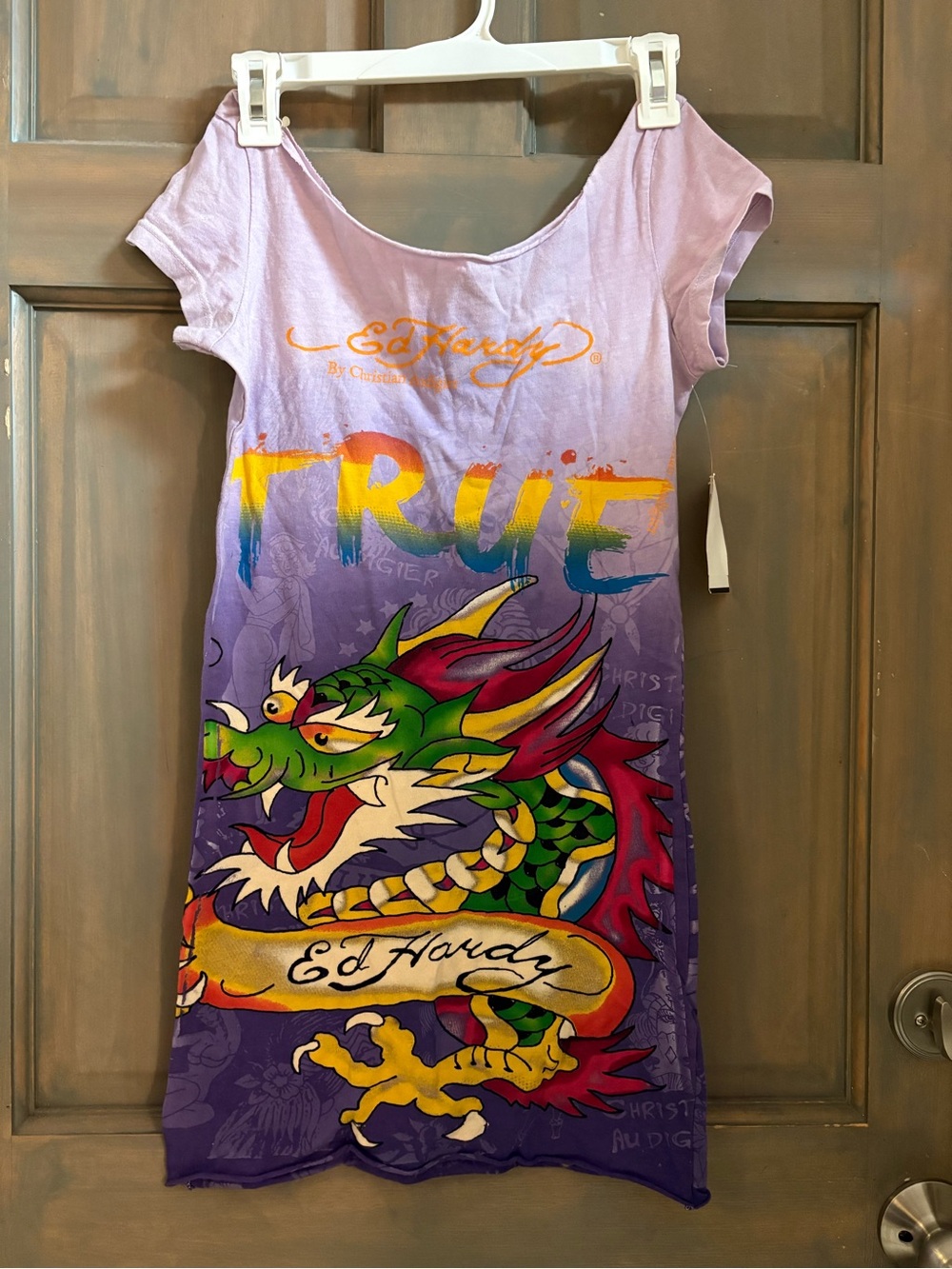 Ed Hardy Purple Dragon 'TRUE' Graphic Tee Dress with Multicolor Print